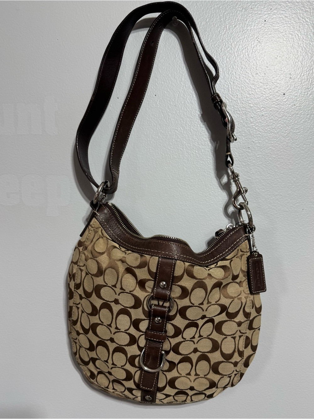 Coach Tan and Brown Signature Canvas Shoulder Bag F14448 Y2K
